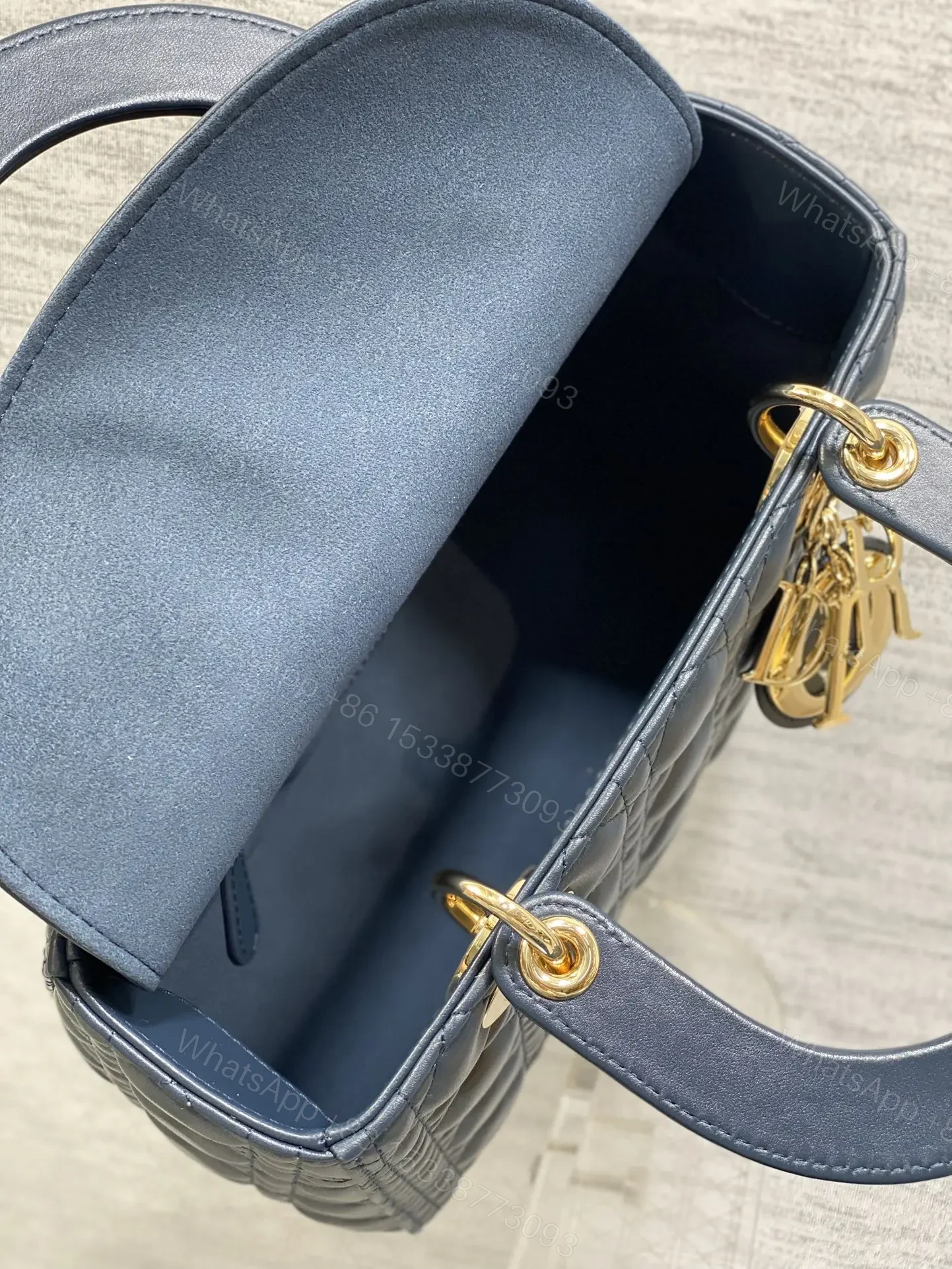 View 4 of DIOR MEDIUM LADY BAG 24 IN DEEP OCEAN BLUE GOLD HARDWARE