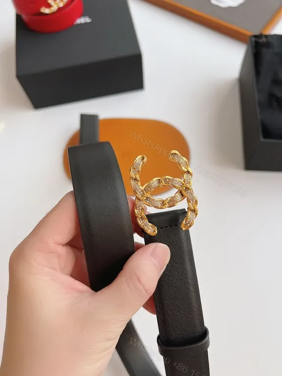 View 5 of Chanel-Style Leather Belt with Gold Logo Clasp