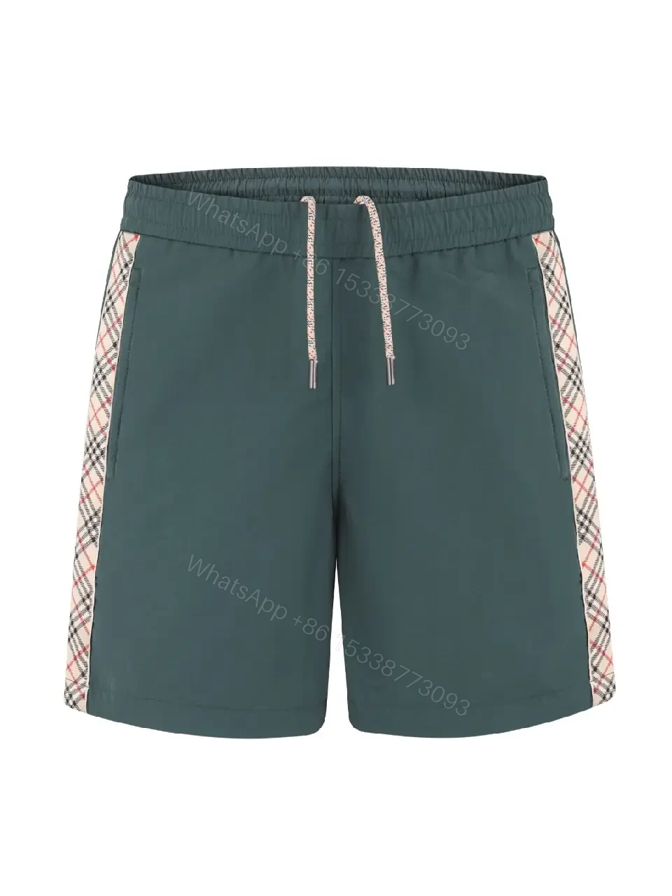 View 12 of Dark Green Shorts Burberry-style Plaid Panels Swimwear Drawstring Waist Men’s Shorts