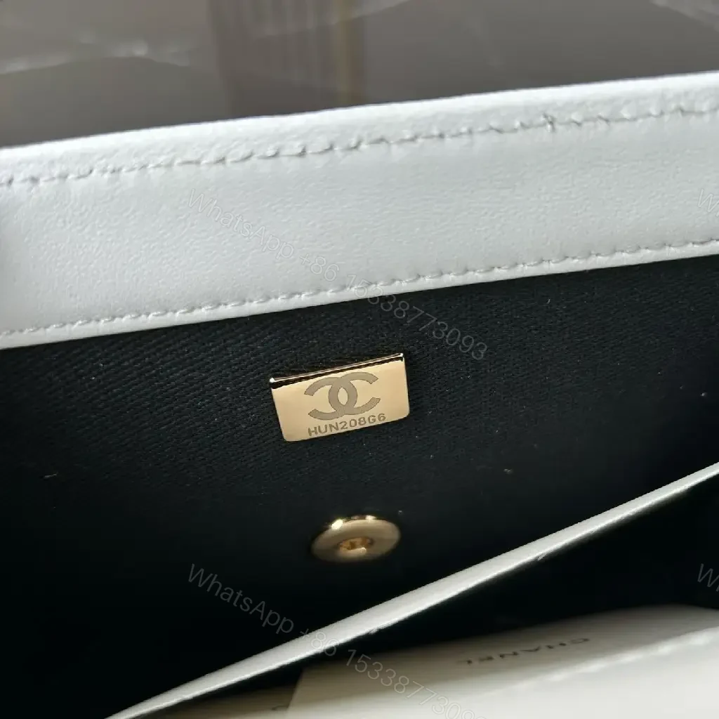View 9 of White Leather Quilted Flap Bag with Chain Trim, Gold Logo