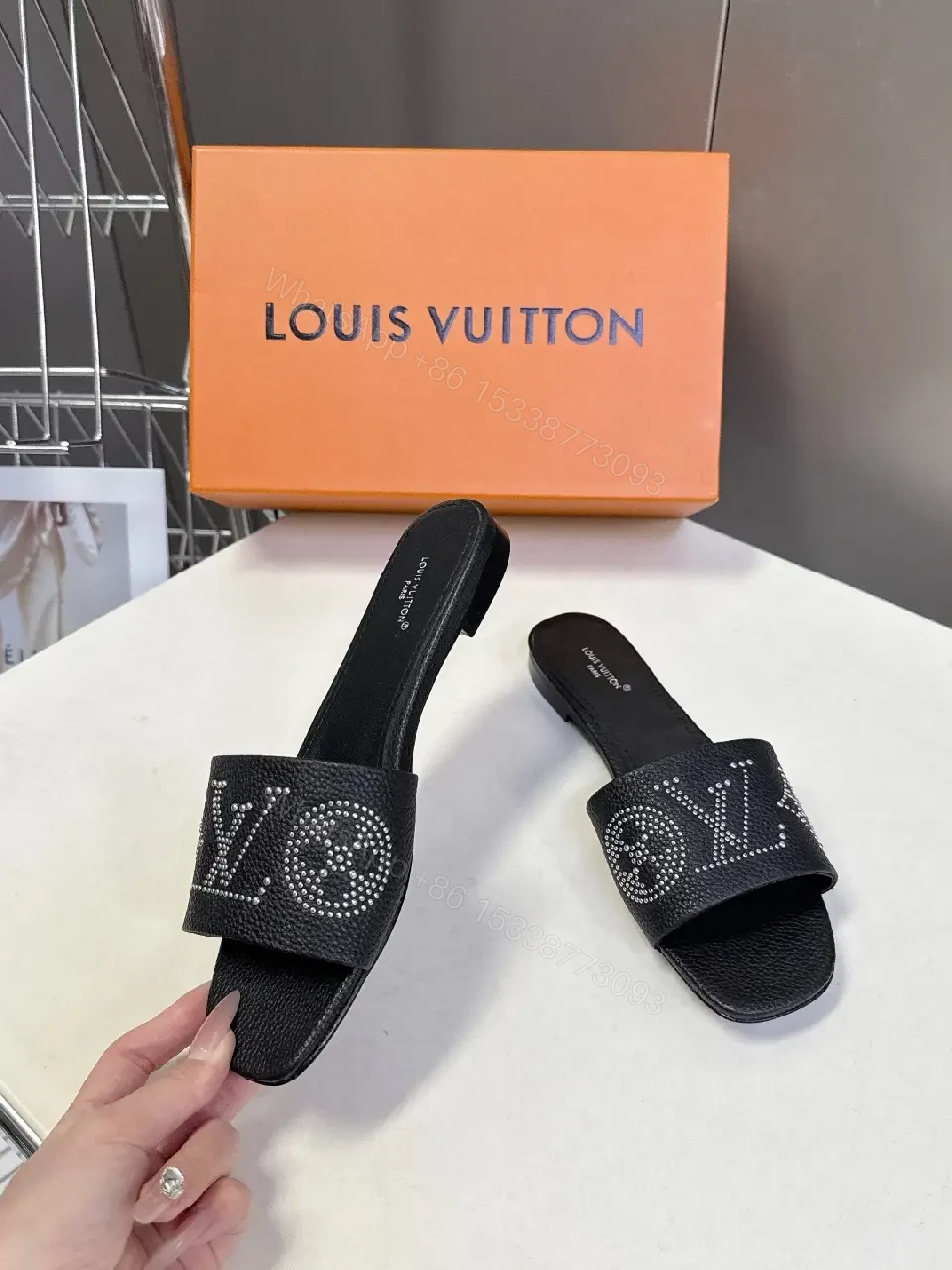 View 3 of Black Leather Slide Sandals with Crystal Embellishment - Comfort, Luxury
