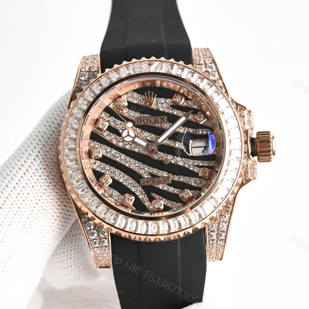 Rolex Datejust Zebra Replica 40MM Premium Rose Gold Iced Rubber Strap Edition RG-ROLEX-DJ-ZEBRA-RG-ICED-RUB-40 — view 1