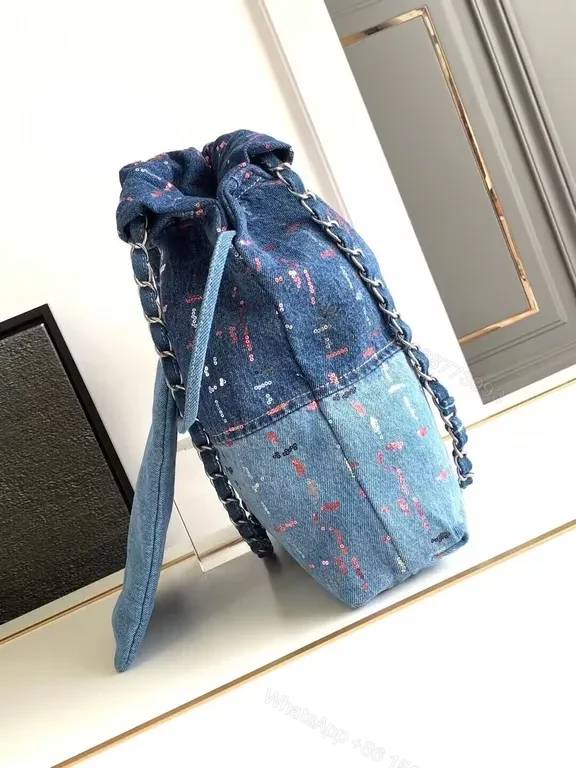 View 3 of Denim-Texture Chanel-Inspired Drawstring Bag, Everyday Luxury