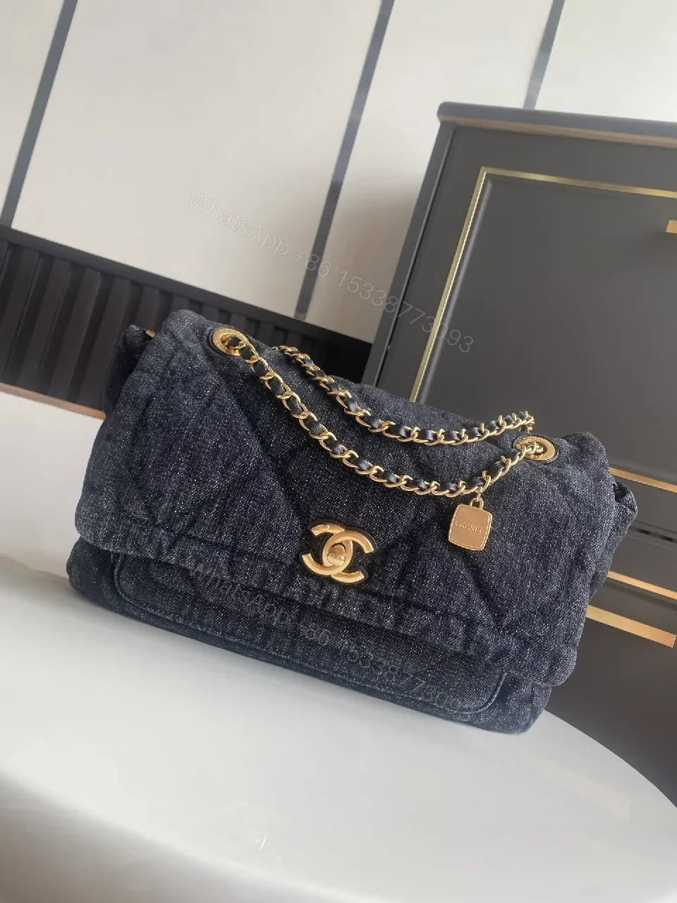 View 9 of Denim-Texture Shoulder Bag: Modern Luxe, Gold-Tone Accent