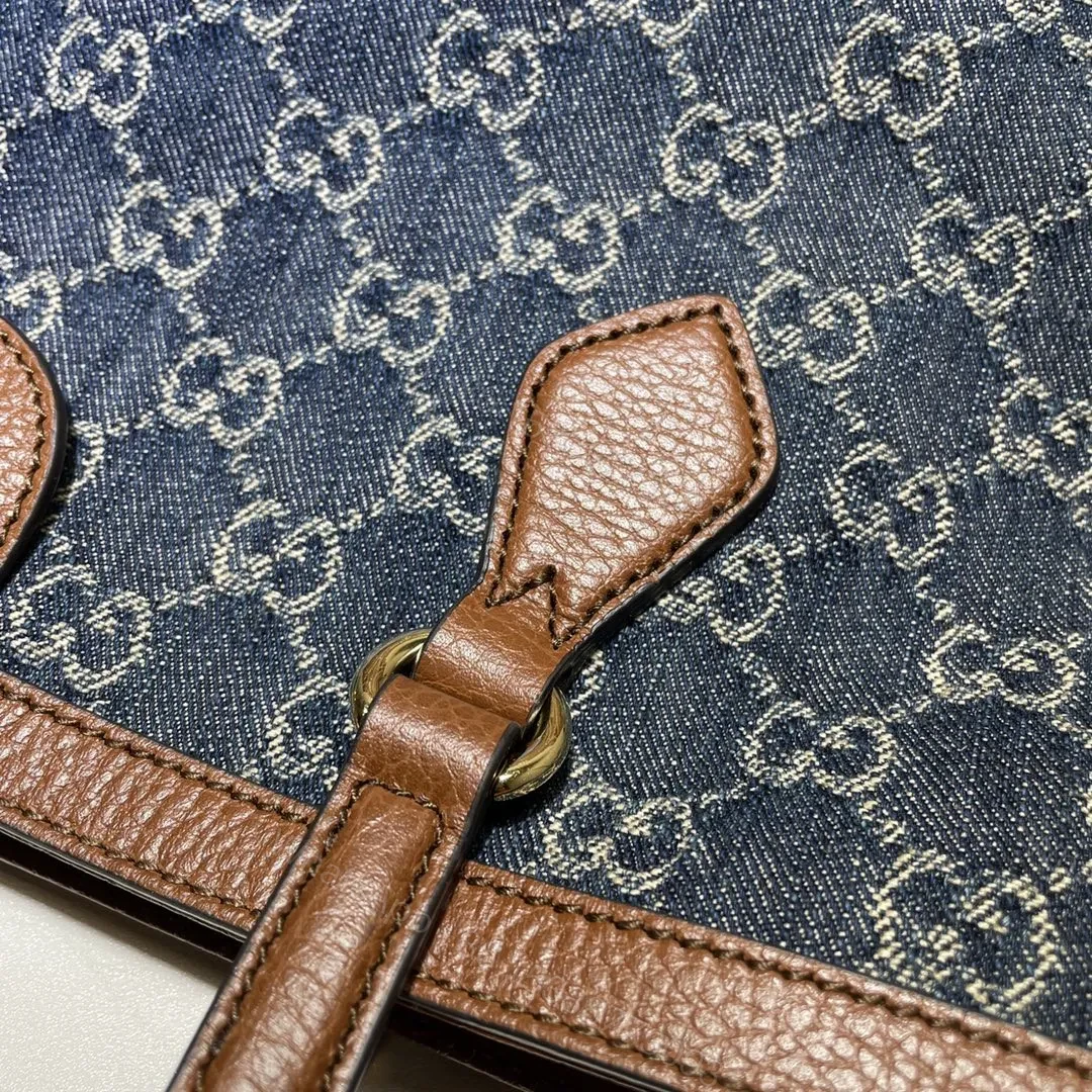 View 5 of Gucci Medium Tote GG Denim Bag Brown Navy blue Leather
