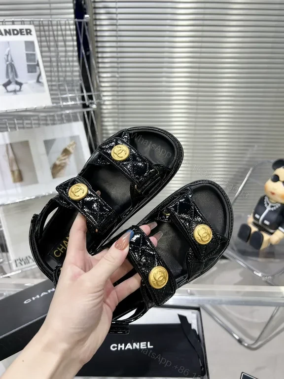 View 8 of Chanel-Inspired Black Patent Sandals with Gold Buttons