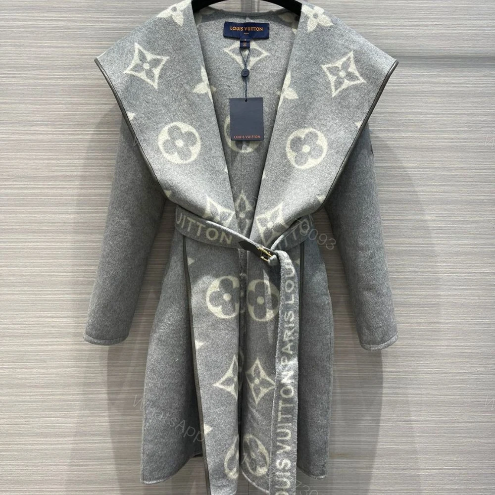 View 2 of Louis Vuitton Belted Double Sided Hooded Wrap Coat Gray 1A92VF