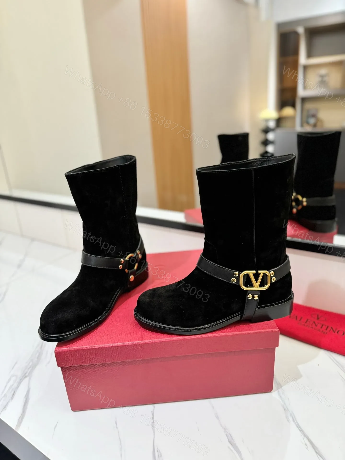 View 6 of Valentino Women Black Suede Leather Strap Boots