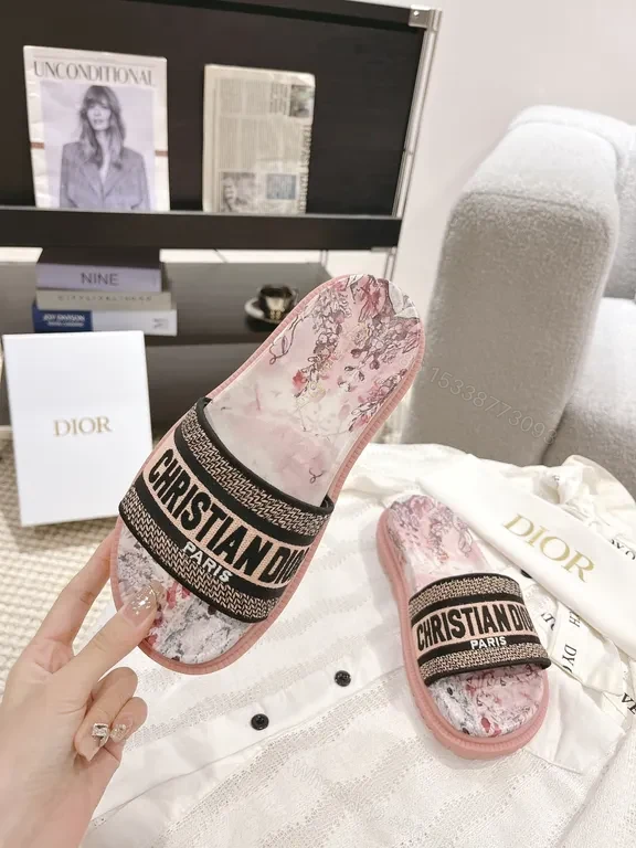View 2 of Graphic Floral Dior-Inspired Slides, All-Day Comfort