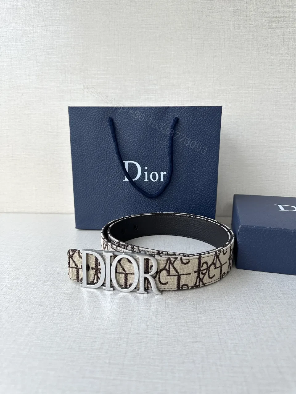 View 6 of Monogram Canvas Belt with Gold Logo Buckle, Black Interior