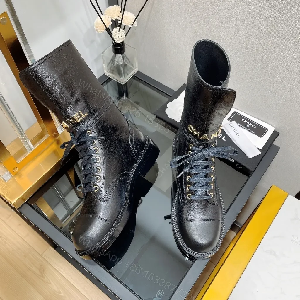 View 8 of Bold Leather Combat Boots with Gold Hardware, Chelsea Style