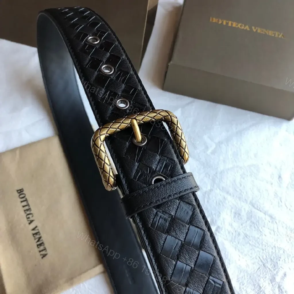 View 3 of Intrecciato Leather Belt with Brass Buckle — Luxury Everyday
