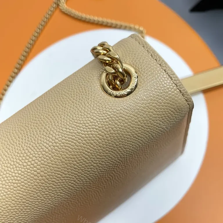 View 4 of Beige Leather Wallet-on-Chain with Gold YSL Logo
