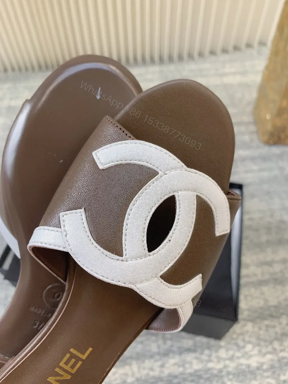 View 3 of Taupe Faux-Leather Logo Slides: Luxury Everyday Comfort