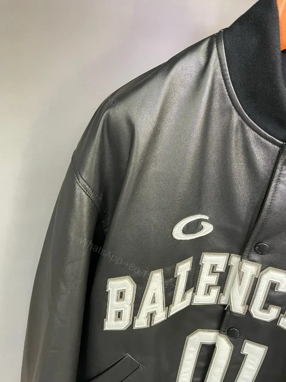 View 3 of Bold Leather-Backed Varsity Jacket with Script Detail
