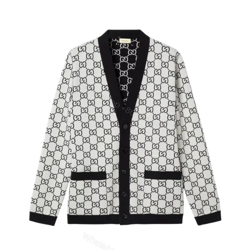 View 6 of Gucci Reversible Gg Wool Jacquard Cardigan Black And White