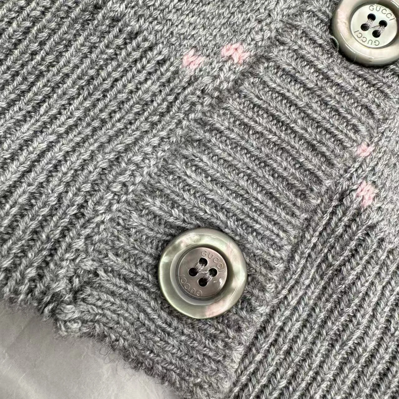 View 5 of Gucci Gg Monogram Knit Cardigan In Grey With Pink