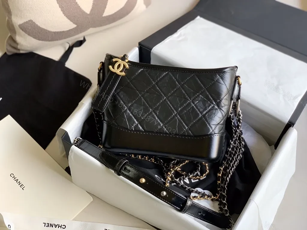 View 8 of Chanel-Style Quilted Crossbody: Black Leather, Gold Charm