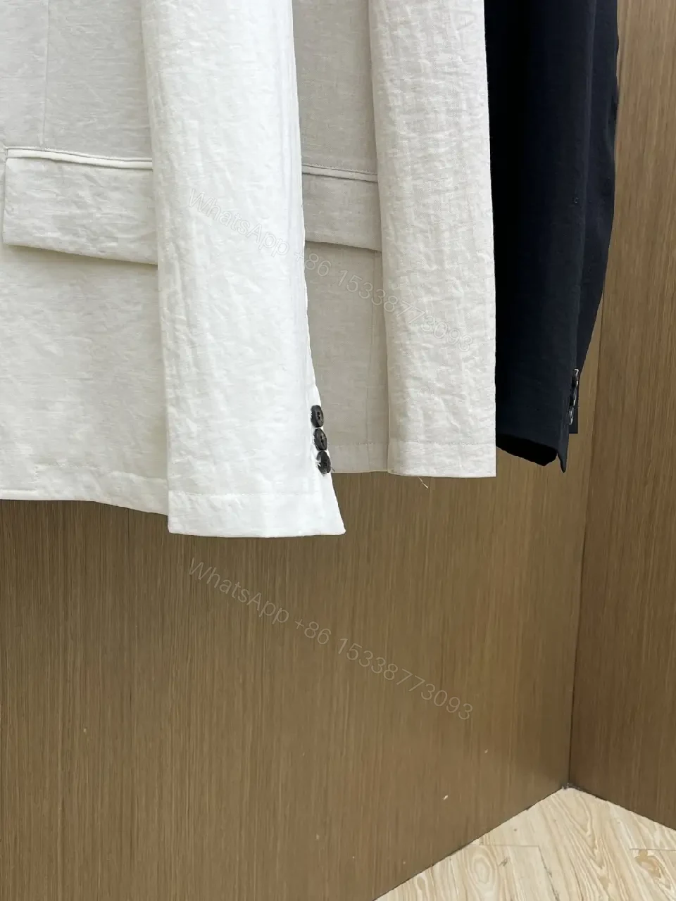 View 2 of Cream Linen-Texture Tailored Blazer with Dual Black Buttons