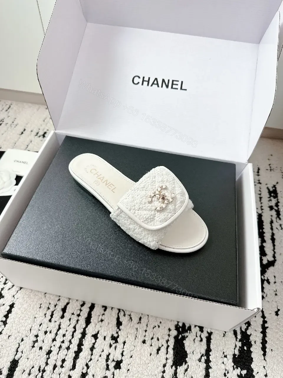 View 7 of White Bouclé Slip-Ons: Luxe Chanel-Esque Comfort Slides
