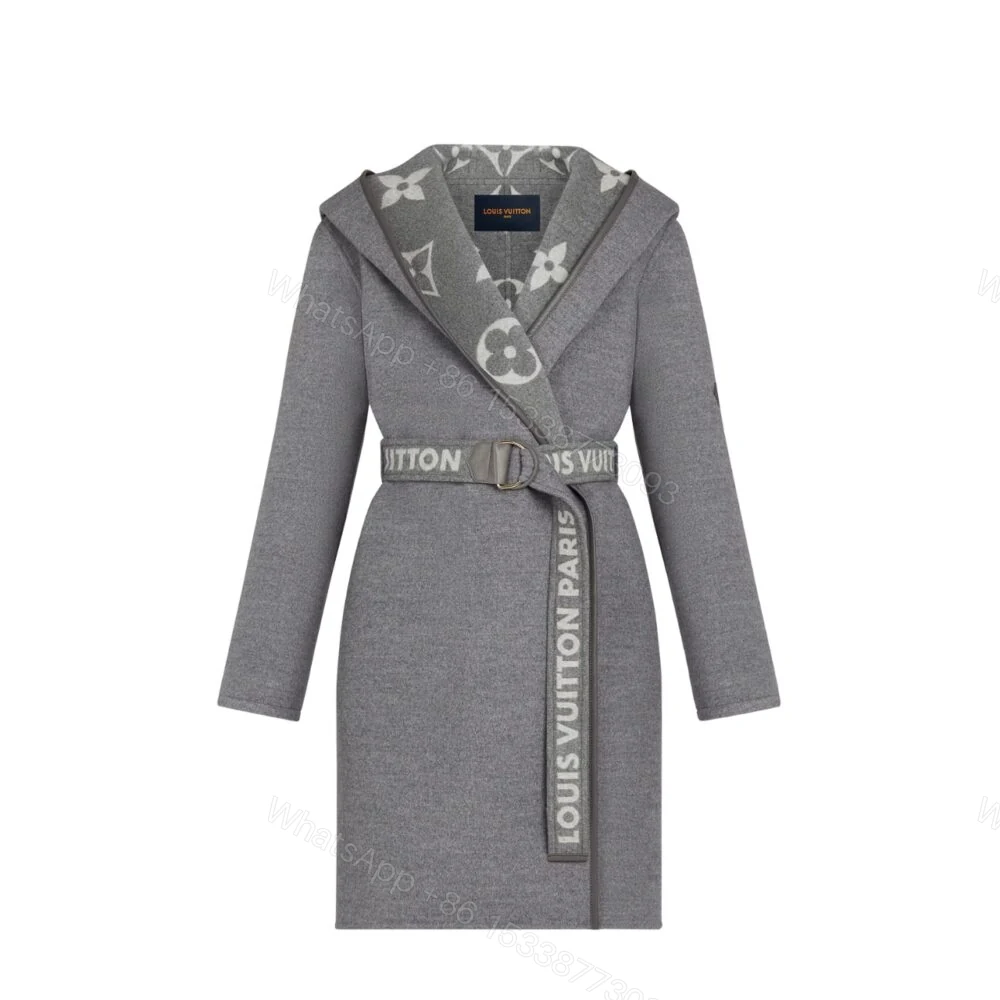 Louis Vuitton Belted Double Sided Hooded Wrap Coat Gray 1A92VF — view 1