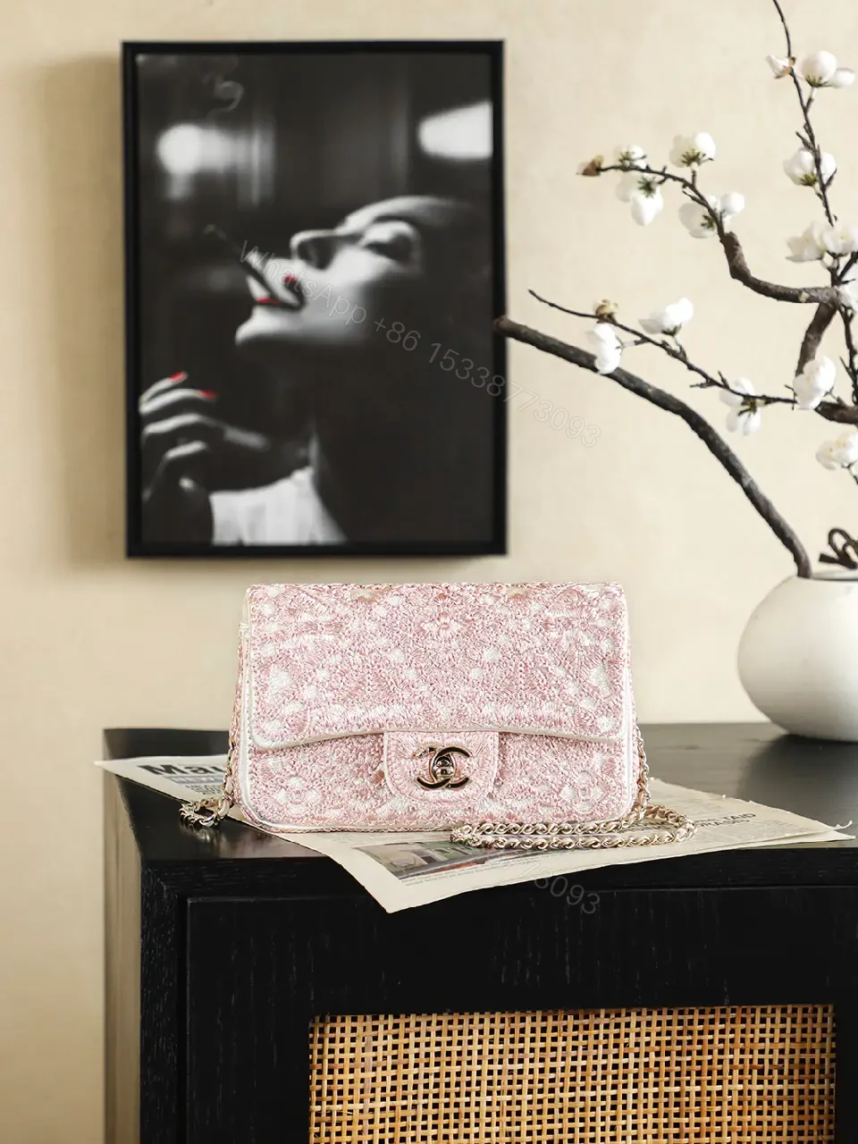 View 10 of pink glitter fabric Chanel-inspired shoulder bag with chain strap for everyday luxury