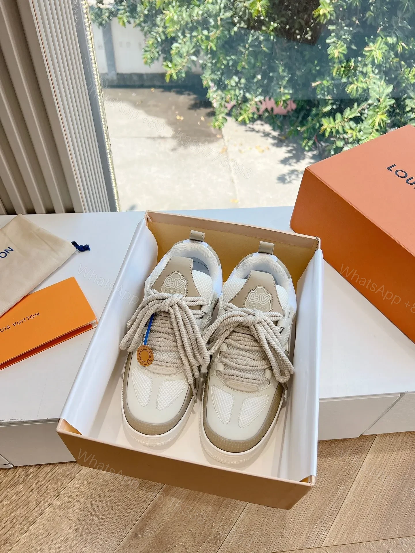 View 3 of LV Women Beige Mesh Leather Sneakers