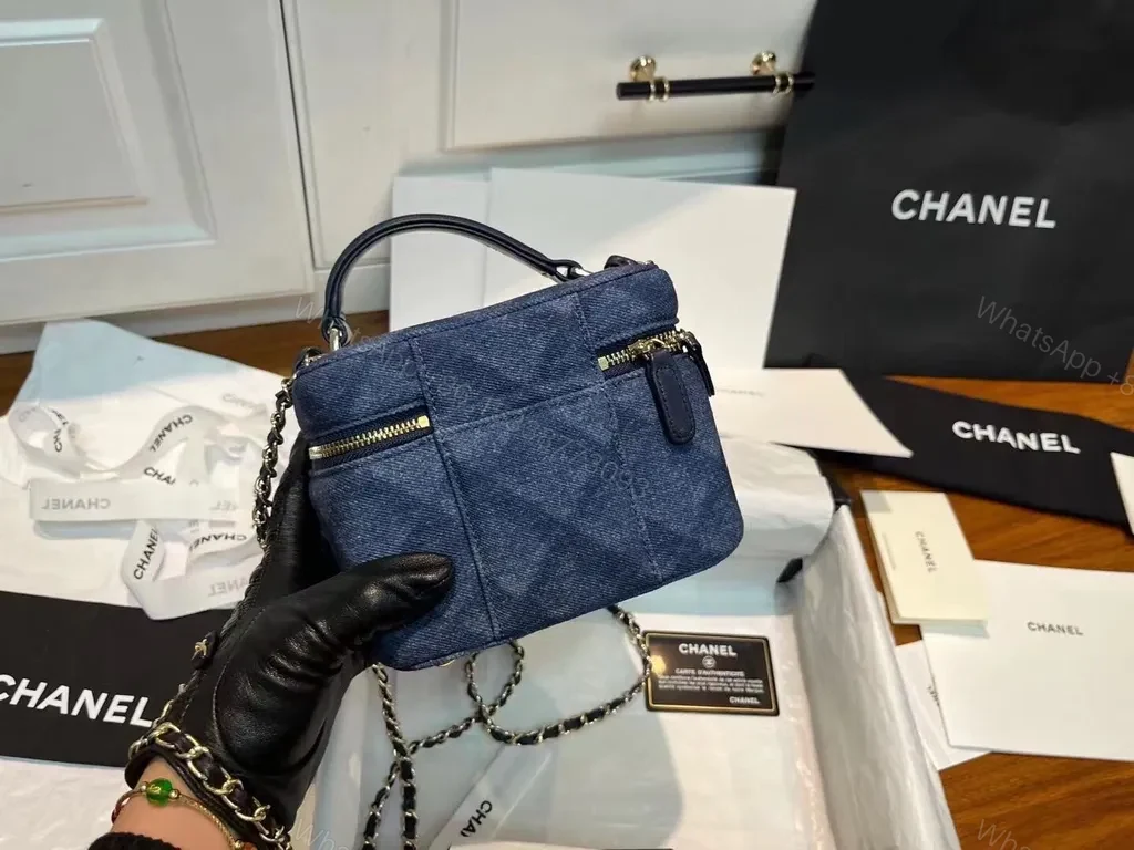 View 9 of Mini Denim Chanel Logo Crossbody â€“ City-Chic Compact Bag