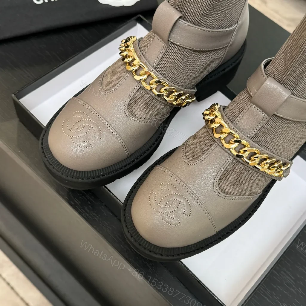 View 3 of Taupe Knit Sock-Ankle Boots with Leather Accents and Gold Chain