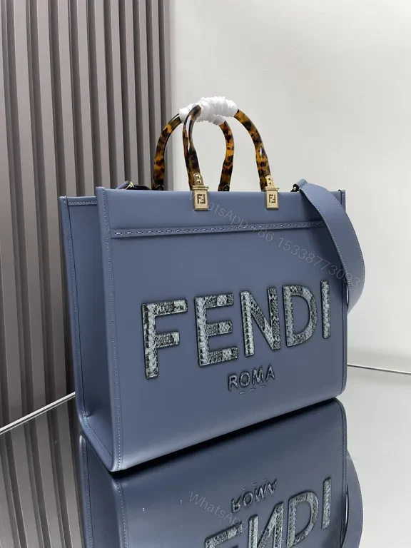 View 8 of Blue Fendi Structured Tote: Bold Logo, Tortoise Handles, Gold Hardware