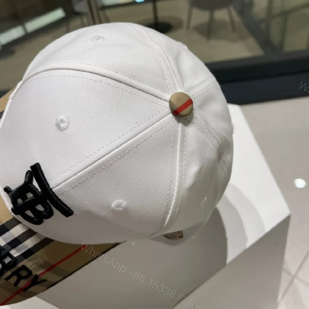 View 6 of White Cotton Cap with Plaid Brim and Logo Embroidery