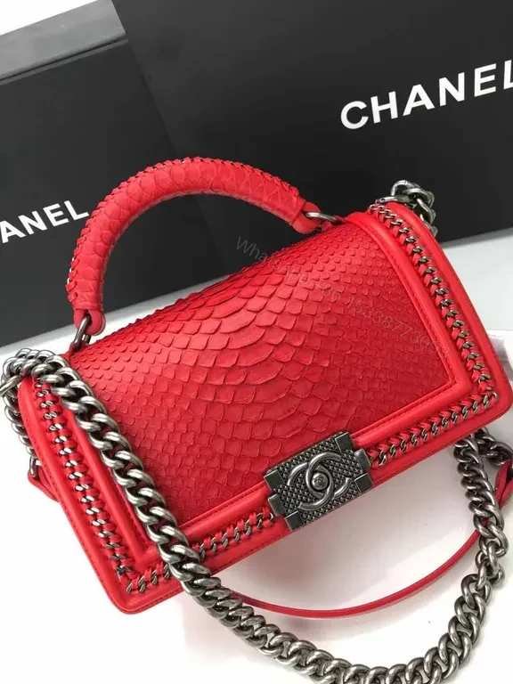 View 7 of Python Leather Chanel-Inspired Handbag: Rich Texture, Gold Clasp