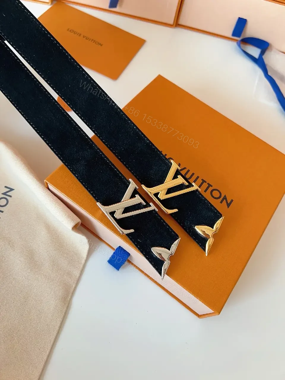 View 6 of Lux Calfskin Belt: Black, Gold Buckle, Minimal Luxury