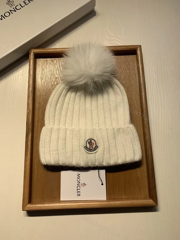 View 2 of Cream Beanie: Wool-Blend Knit with Pom-Pom â€“ Moncler Style