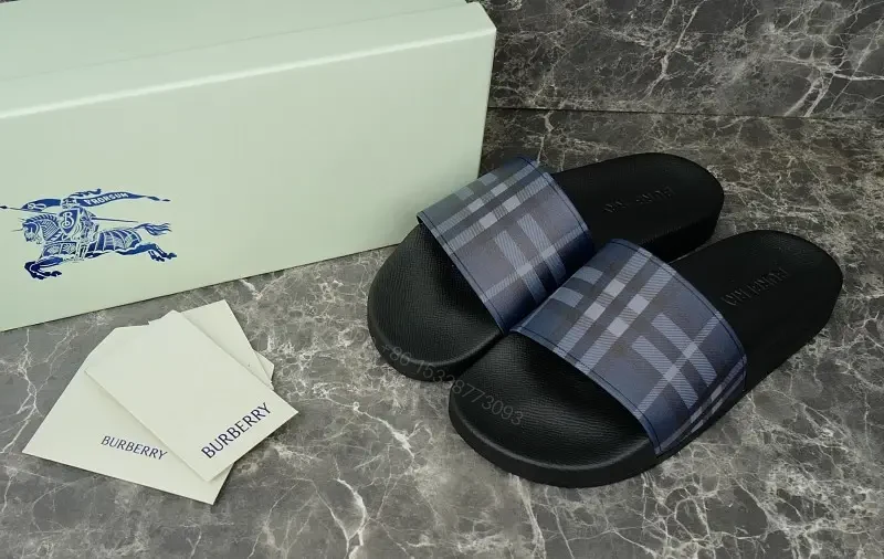 Blue Plaid Slide Sandals with Burberry Design — view 1
