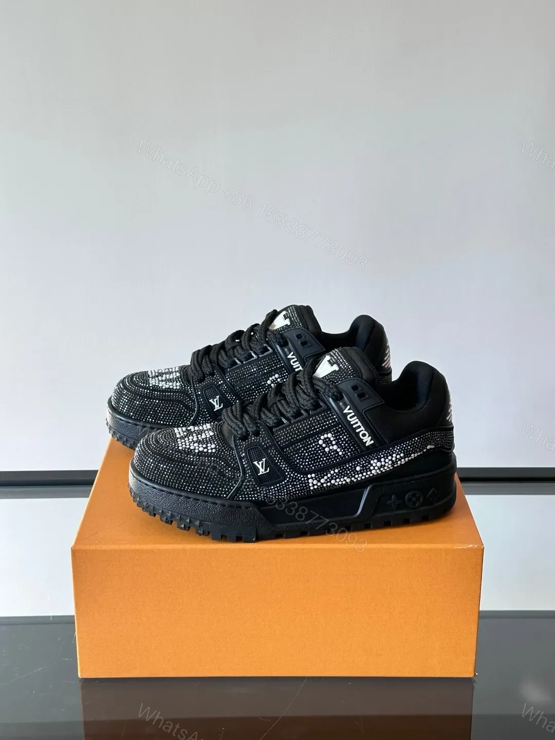 View 3 of LV Men Black Fabric Embellished Sneakers