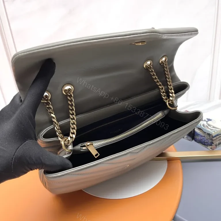 View 7 of Chic Quilted Gray Leather Flap Bag with YSL Gold Monogram