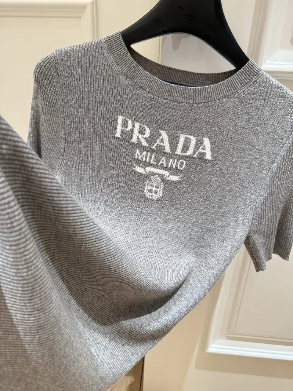 View 3 of Gray Heather Knit Tee, Relaxed Fit, Fine Rib Texture, Prada Logo