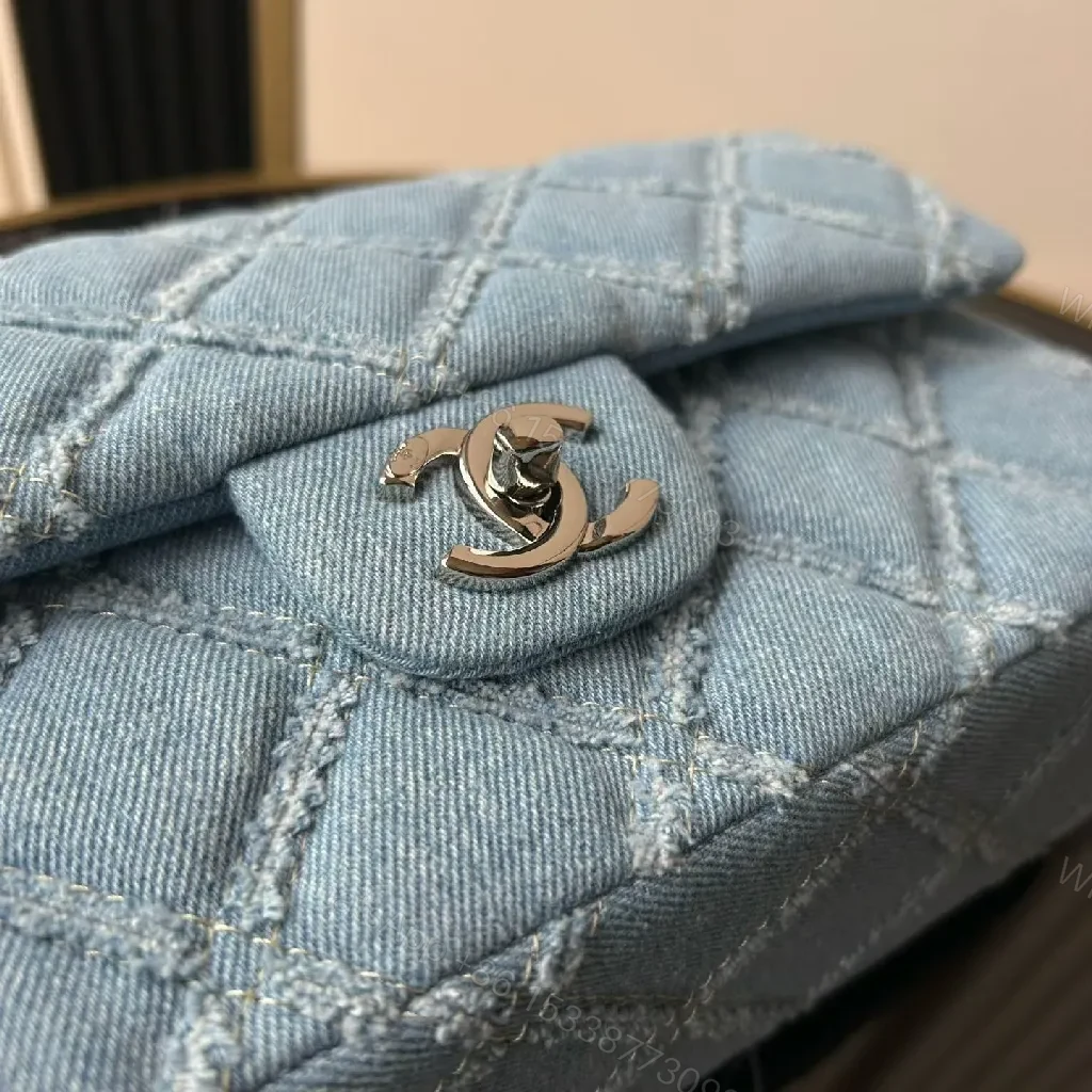 View 7 of Light-Blue Denim Flap Bag with Chain Strap, Quilted, Everyday Luxe