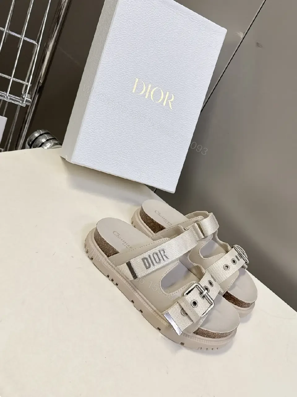 View 7 of Cream Leather Sandals, Metallic Buckle, Dior Style, Cork-Insole Comfort, Sandals