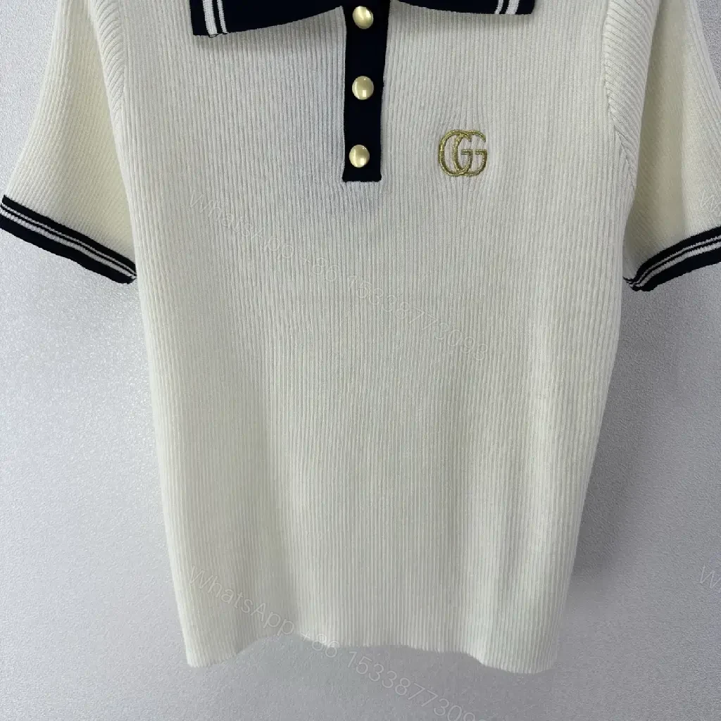 View 10 of Cream/Navy Ribbed Polo Shirt with Gold Accents