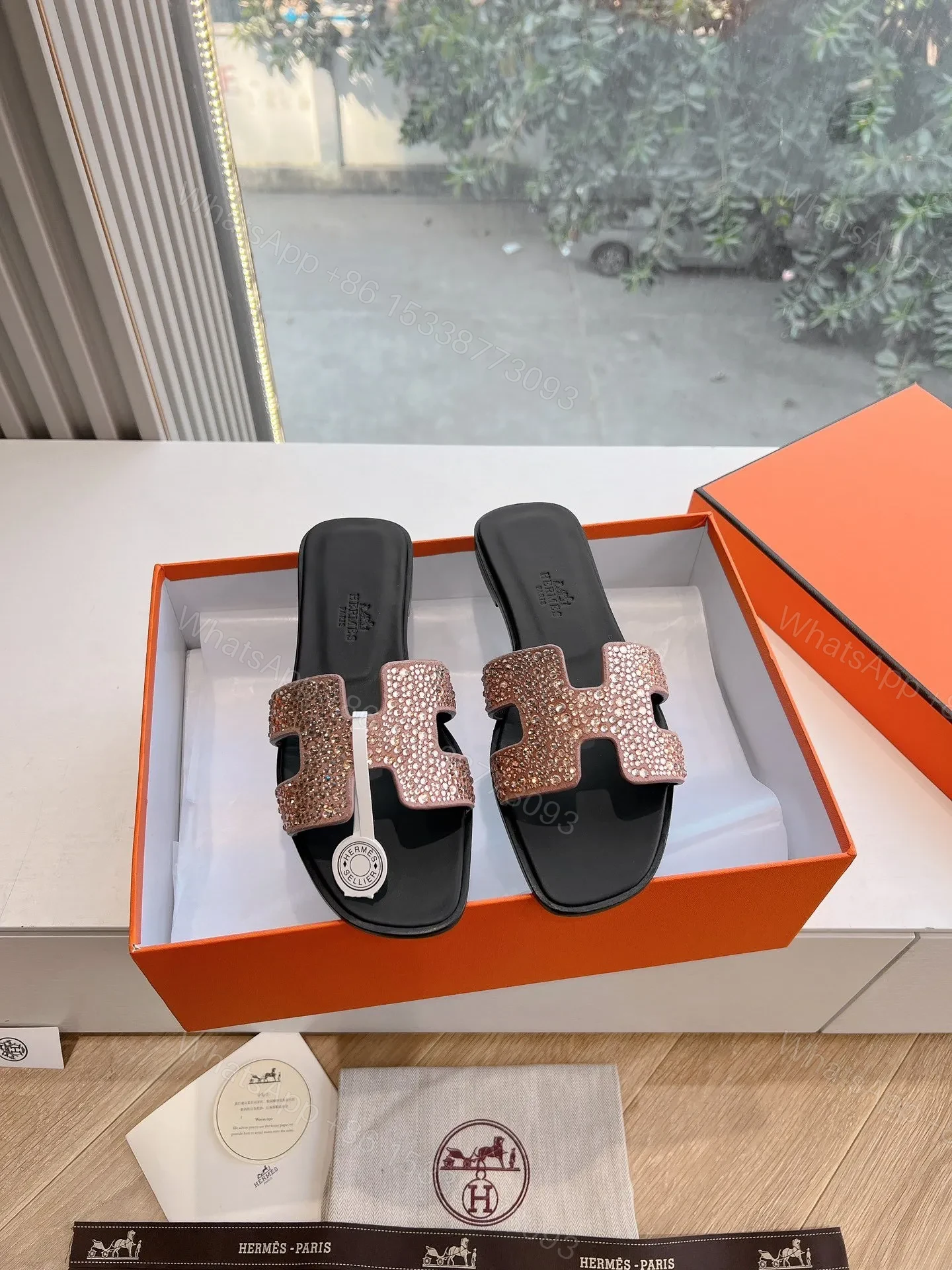 View 3 of Hermes Women Rose Gold Crystal Leather Sandals