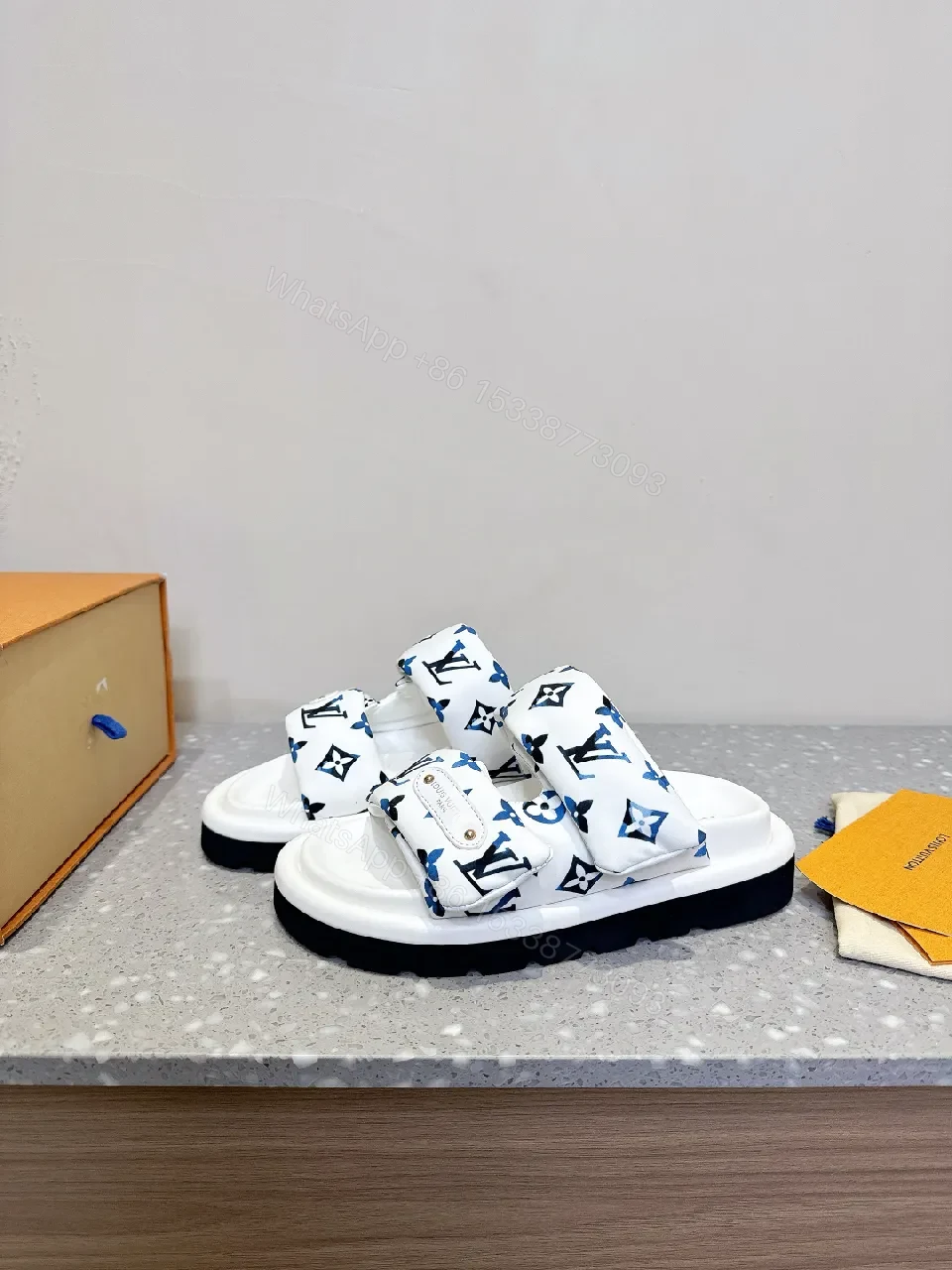 View 9 of White & Navy Designer-Inspired Slides: Bold Comfort, Monogram Style