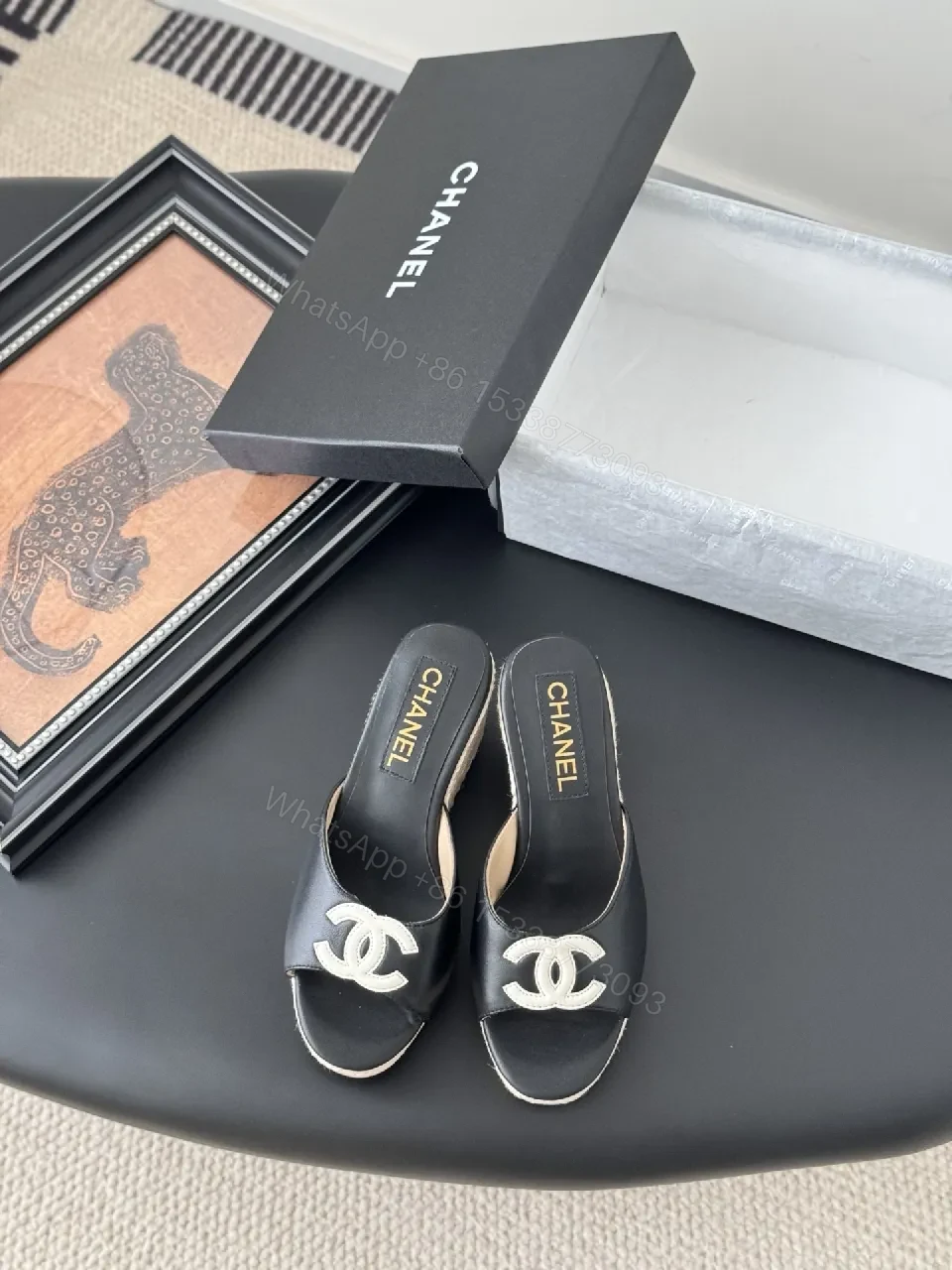 View 6 of Black Leather Espadrille Wedges, Signature Logo, Cushioned Comfort