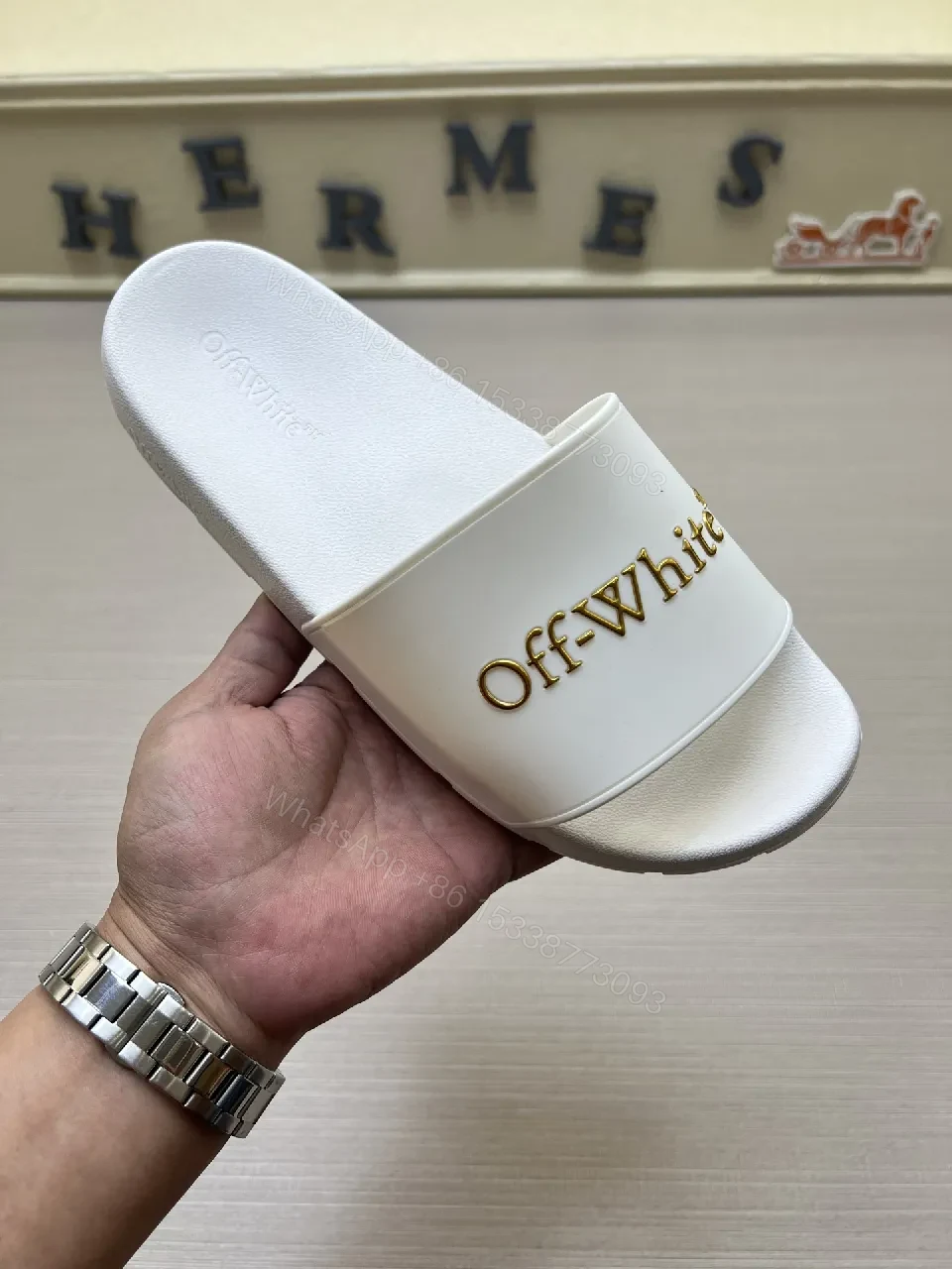 View 7 of White Slide Sandals: Gold-Embroidered Logo, Luxe Minimalist Comfort