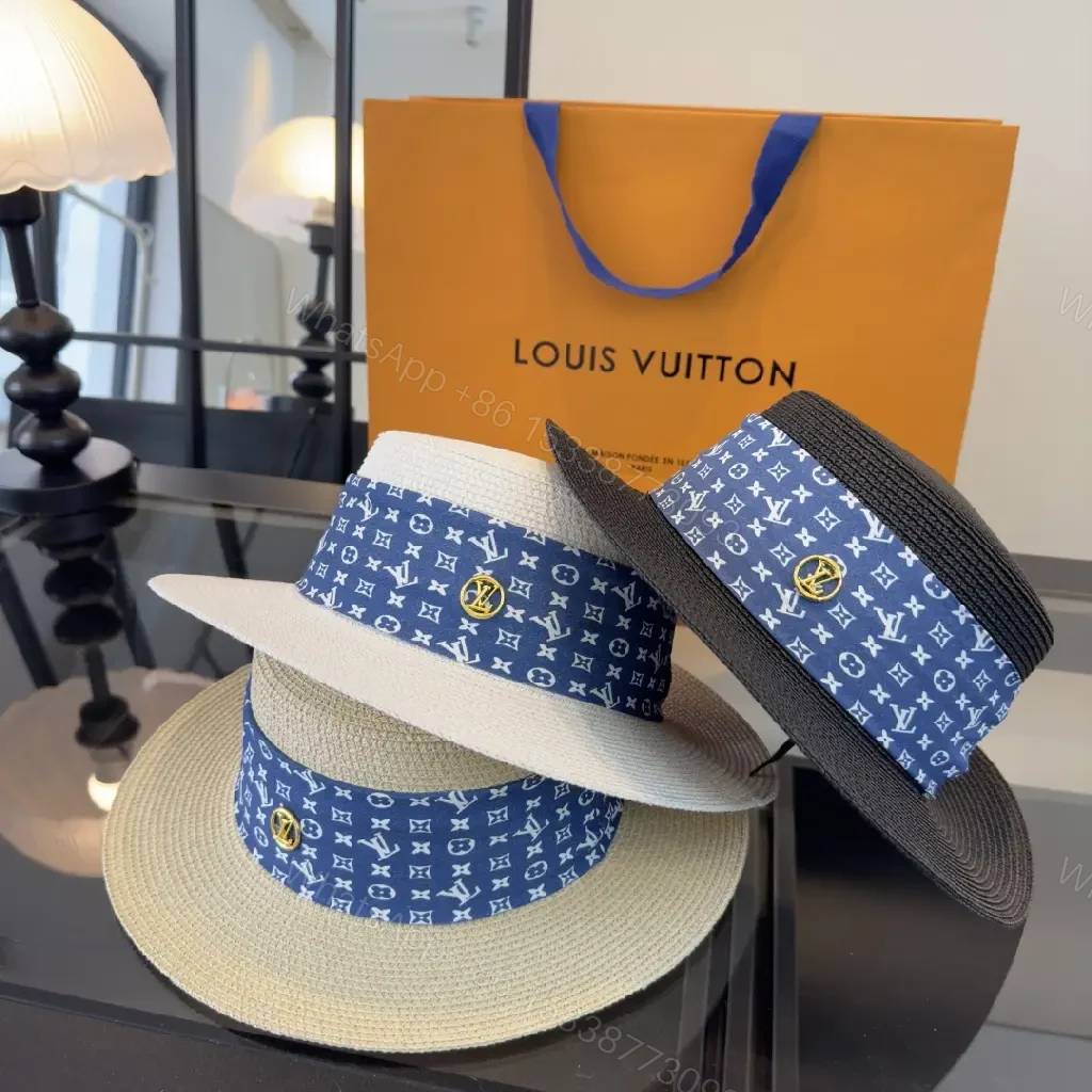 View 9 of Black Woven Hat with Blue Band and LV Charm | Wide Brim