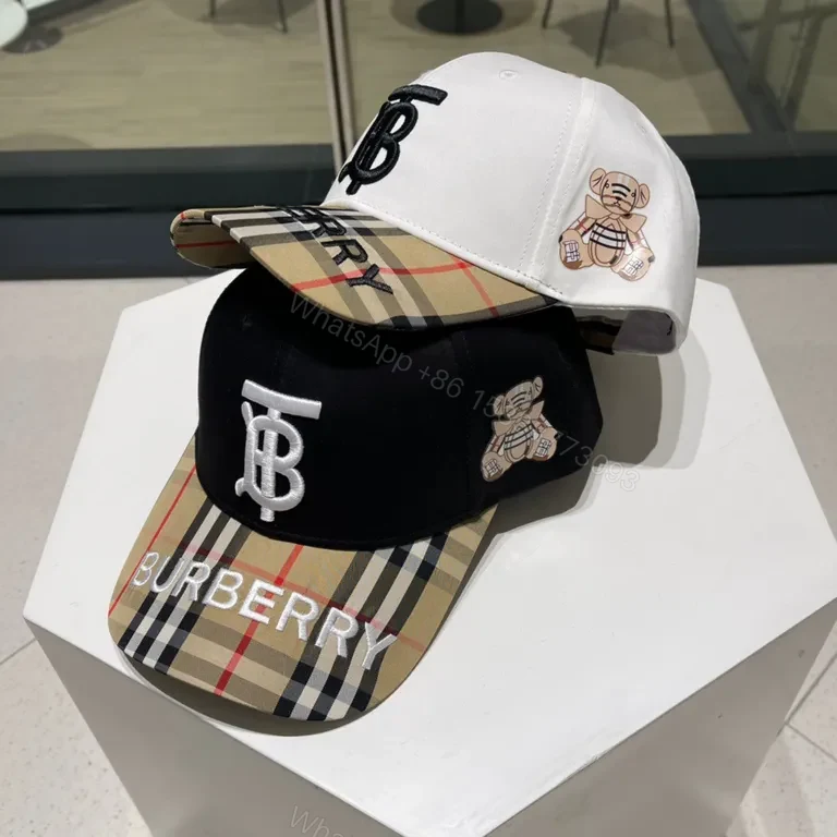 View 7 of Premium White Cap with Burberry Plaid Brim â€” Luxury Logo Cap