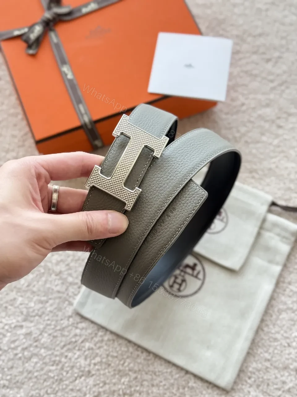 View 7 of Taupe Pebbled Leather Belt with H Buckle - Luxe Everyday Style