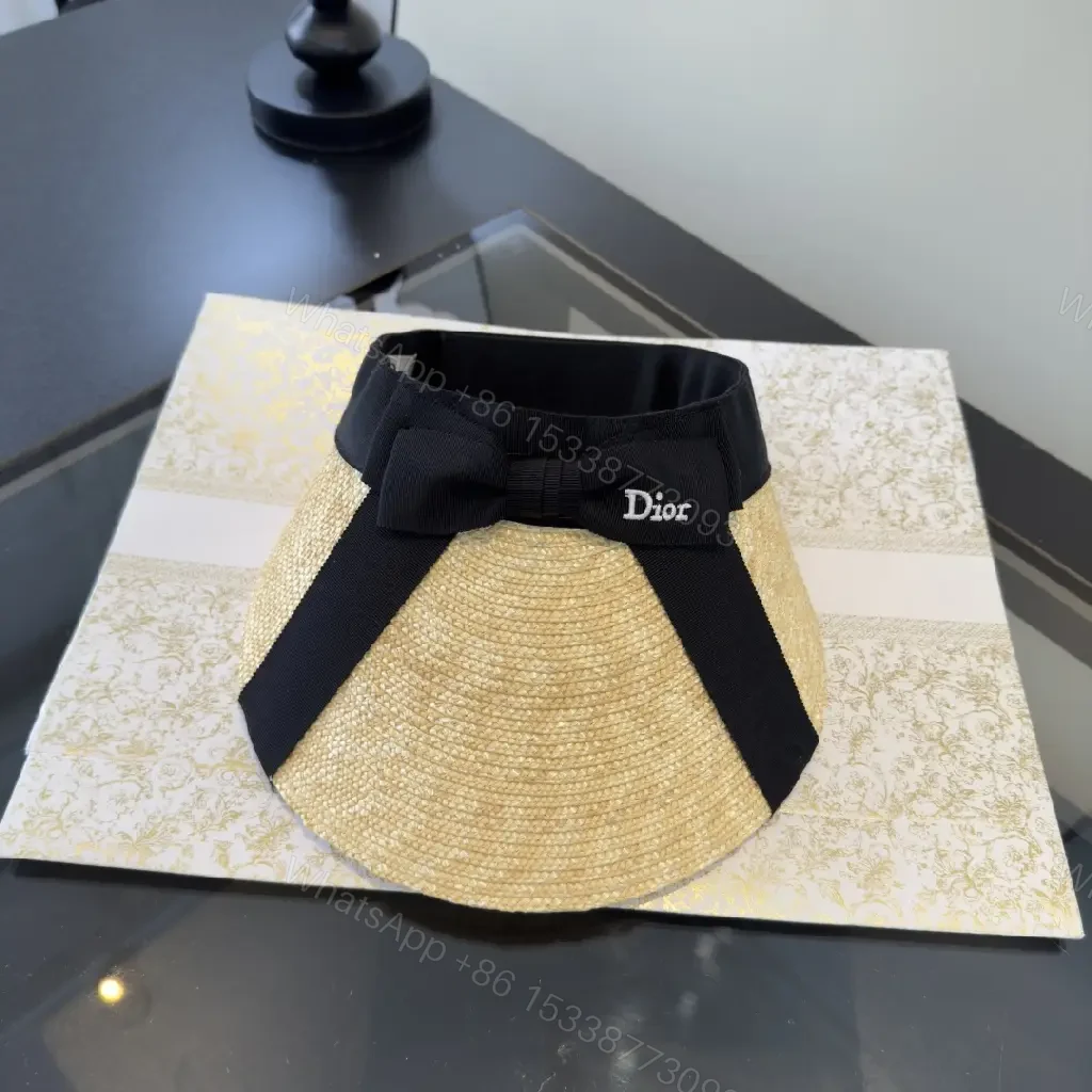 View 11 of Beige Straw Chic Sun Hat Visor, Woven, Faux Dior Ribbon