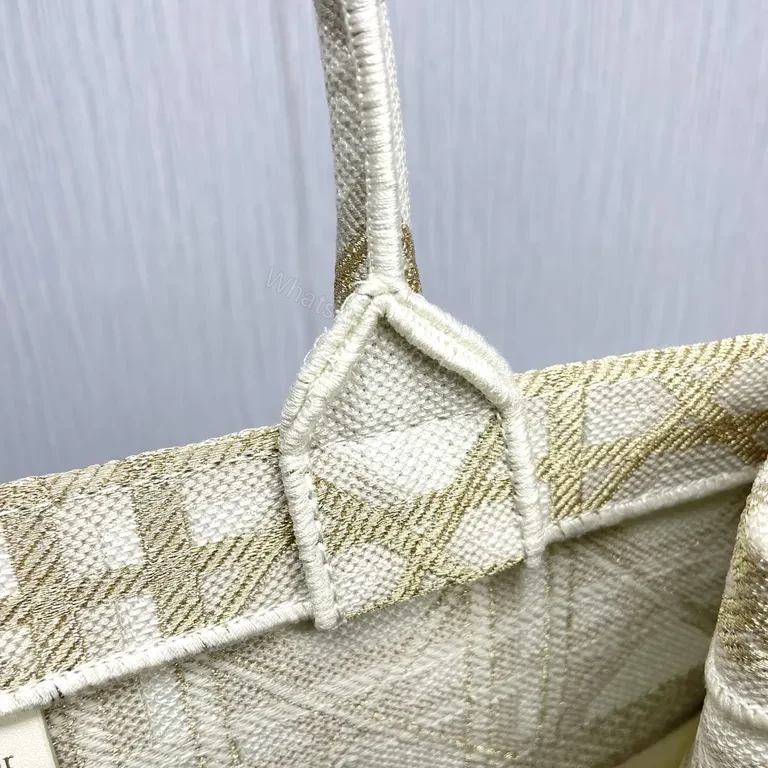 View 2 of Beige Structured Tote: Dior-Patterned Carryall with Signature Handles